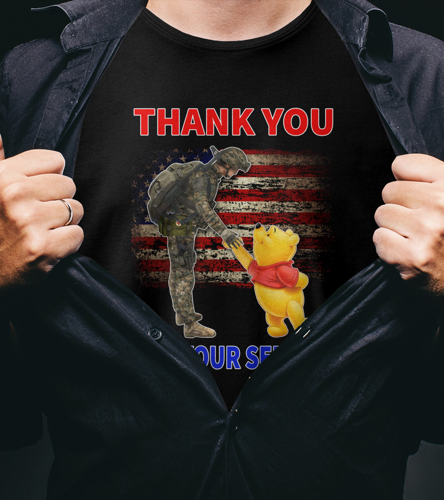 Thank You For Your Service Soldier And Pooh With American Flag Background T-Shirt