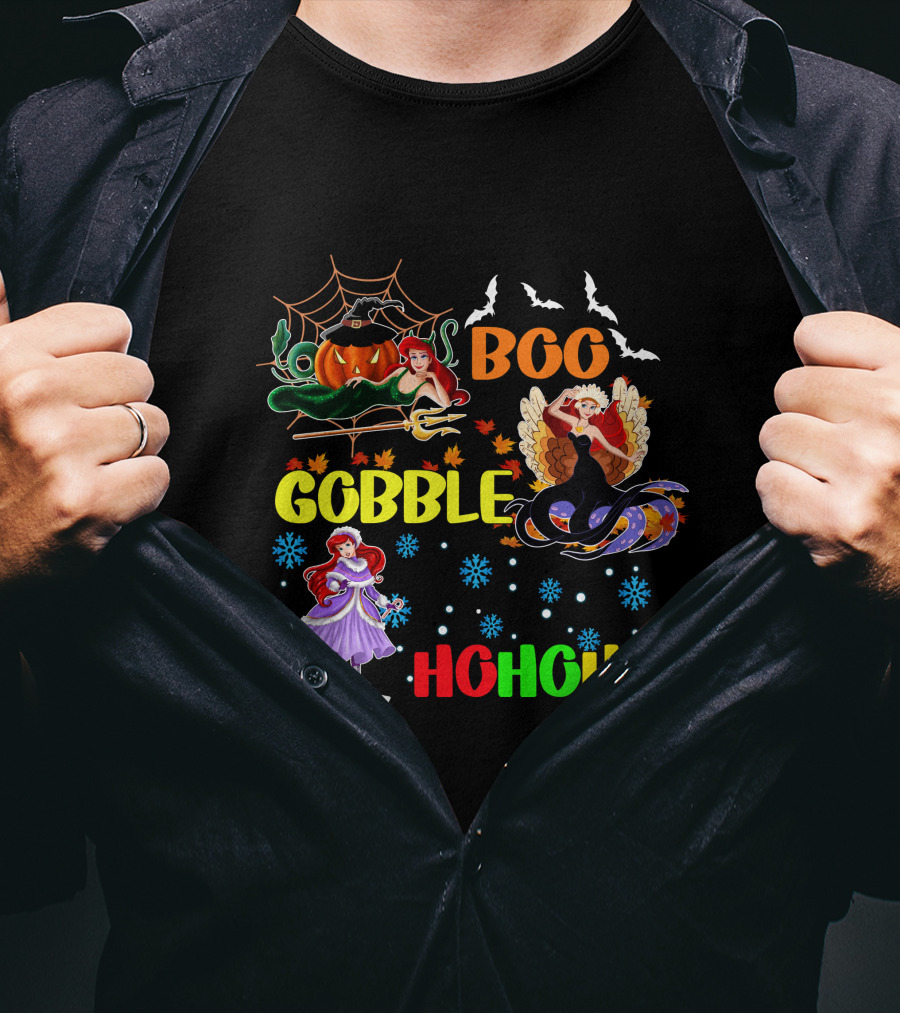Boo Gobble HoHoHo Ariel HalloThanksMas T-Shirt