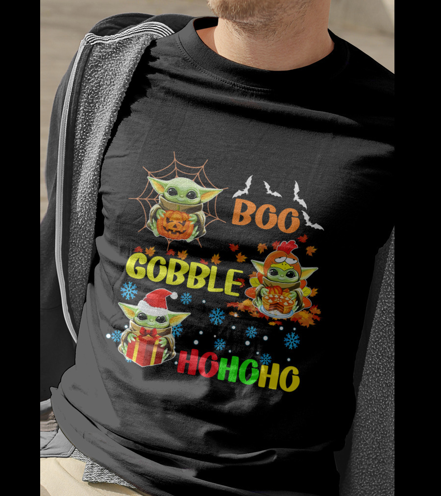 Baby Yoda Boo Gobble HoHoHo HalloThanksMas T-Shirt