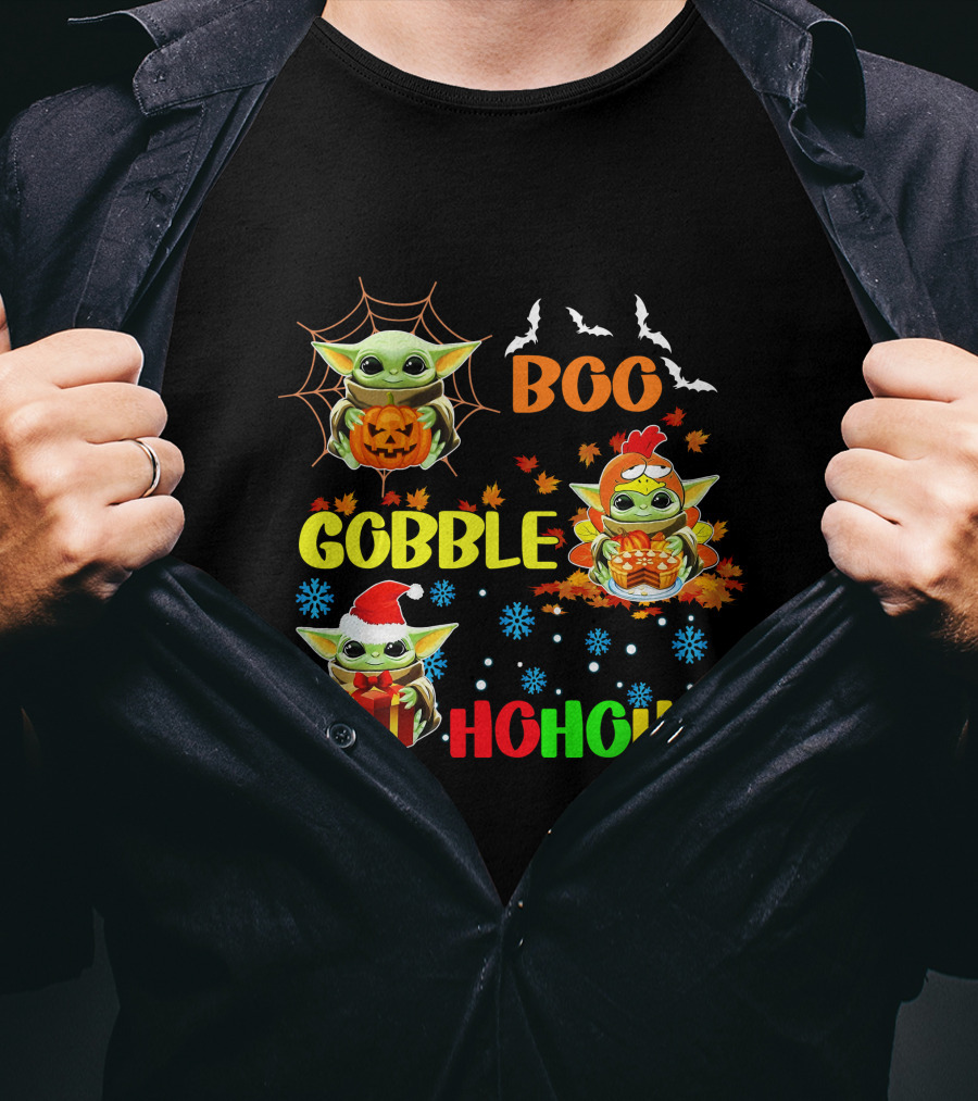 Baby Yoda Boo Gobble HoHoHo HalloThanksMas T-Shirt