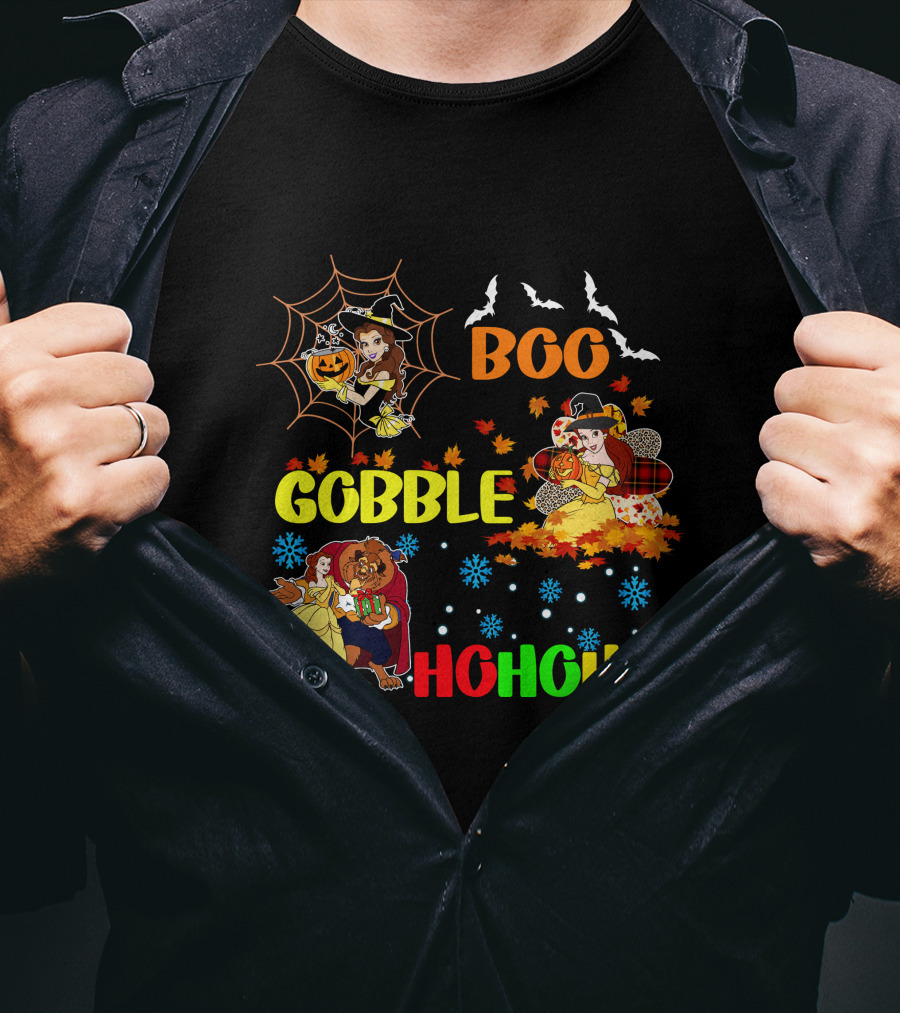 Boo Gobble Hohoho Belle HalloThanksMas T-Shirt