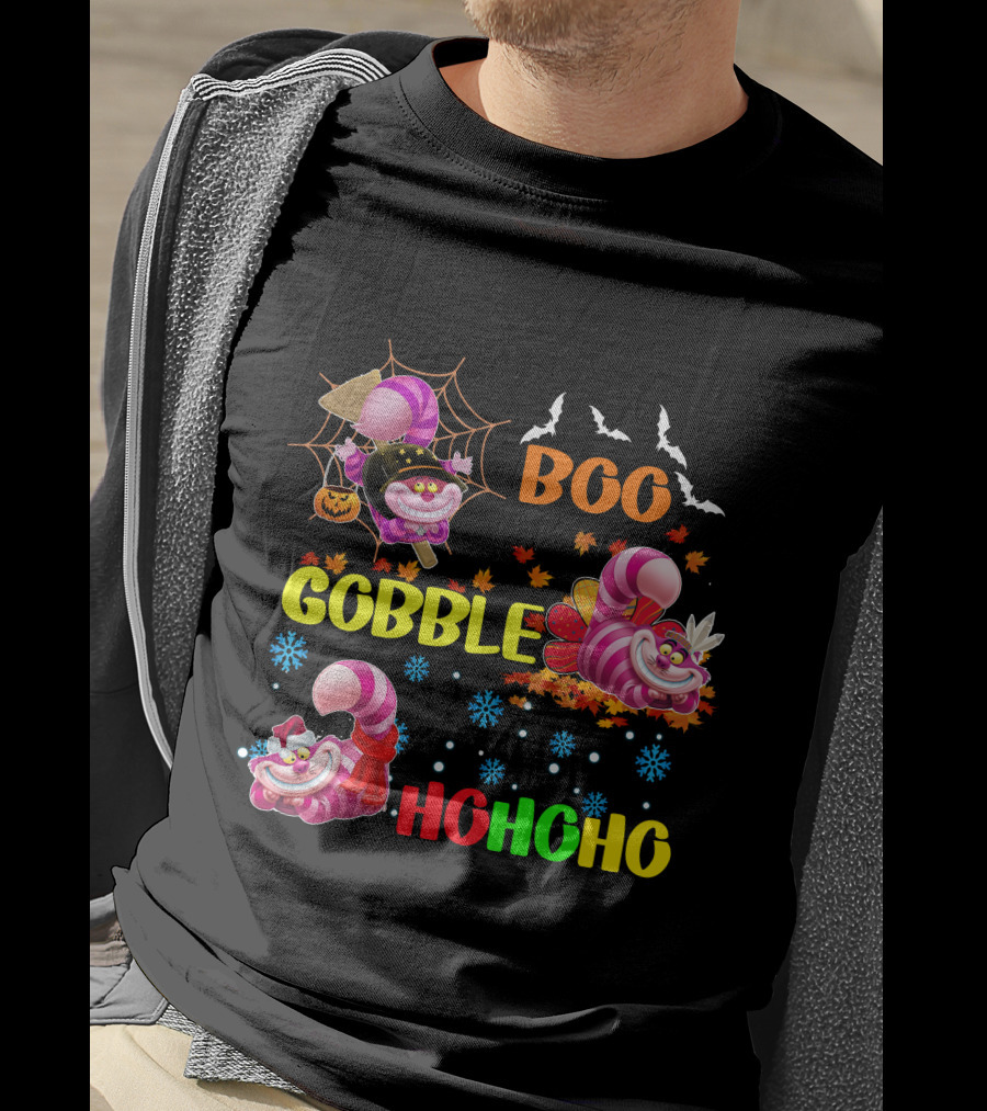 Cheshire Cat Boo Gobble HoHoHo HalloThanksMas T-Shirt