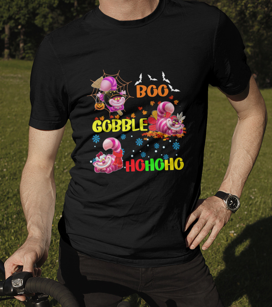 Cheshire Cat Boo Gobble HoHoHo HalloThanksMas T-Shirt