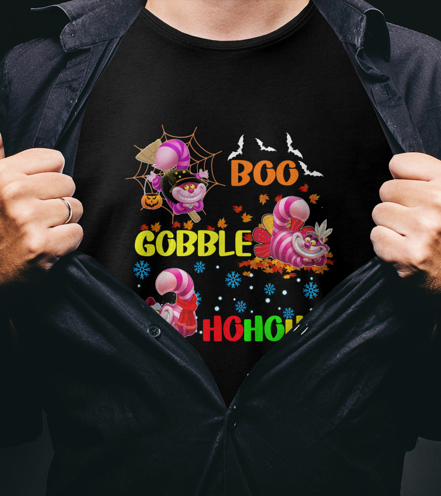 Cheshire Cat Boo Gobble HoHoHo HalloThanksMas T-Shirt