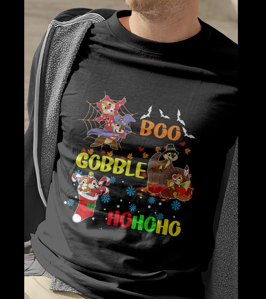 Chip And Dale Boo Gobble HoHoHo Halloween Thanksgiving Christmas T-Shirt