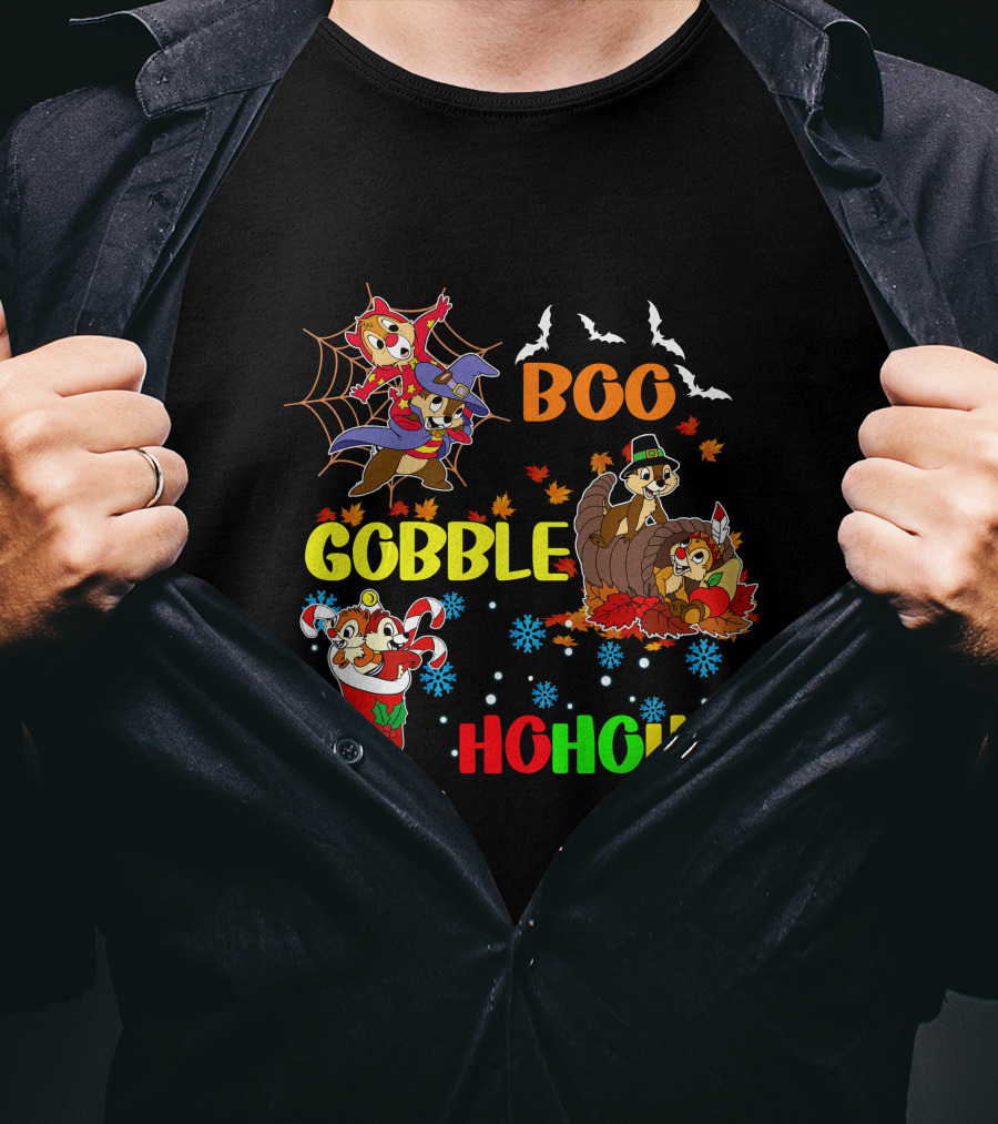 Chip And Dale Boo Gobble HoHoHo Halloween Thanksgiving Christmas T-Shirt