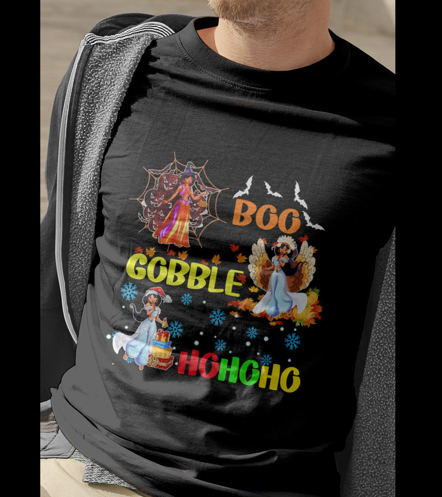 Jasmine Boo Gobble HoHoHo HalloThanksMas Bats Leaves Snowflakes T-Shirt