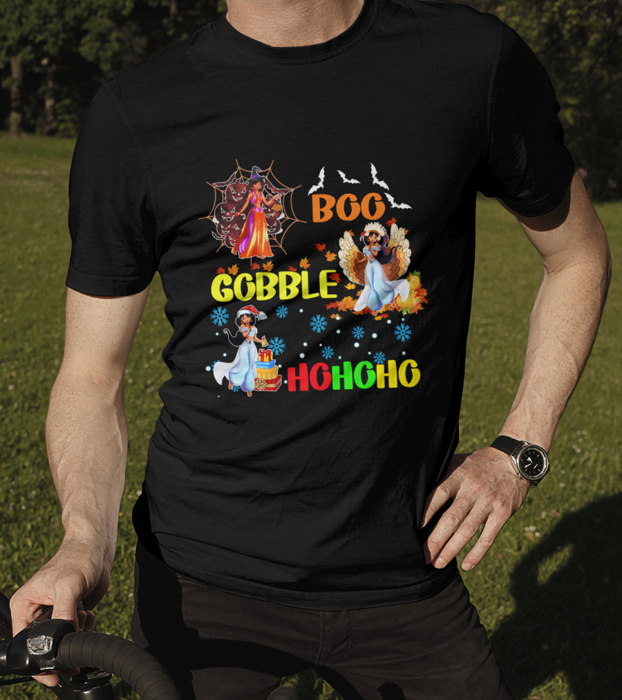 Jasmine Boo Gobble HoHoHo HalloThanksMas Bats Leaves Snowflakes T-Shirt