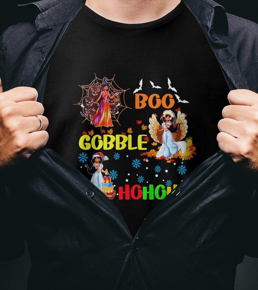 Jasmine Boo Gobble HoHoHo HalloThanksMas Bats Leaves Snowflakes T-Shirt
