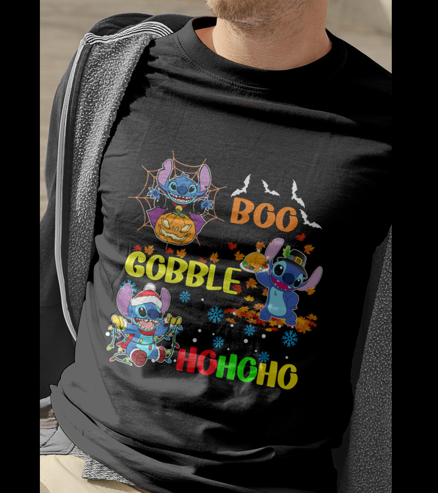 Stitch Boo Gobble Ho Ho Ho HalloThanksMas T-Shirt