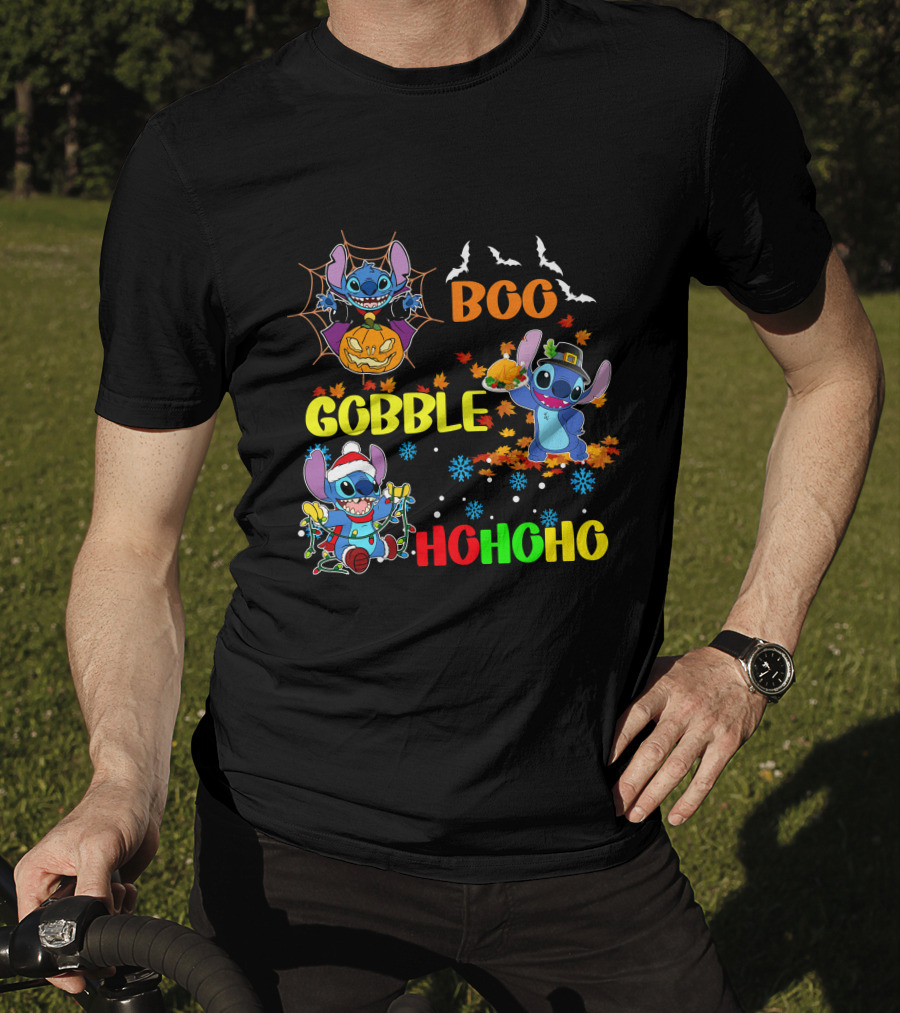 Stitch Boo Gobble Ho Ho Ho HalloThanksMas T-Shirt