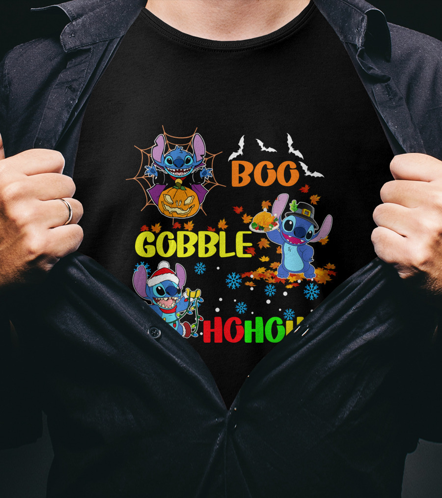 Stitch Boo Gobble Ho Ho Ho HalloThanksMas T-Shirt