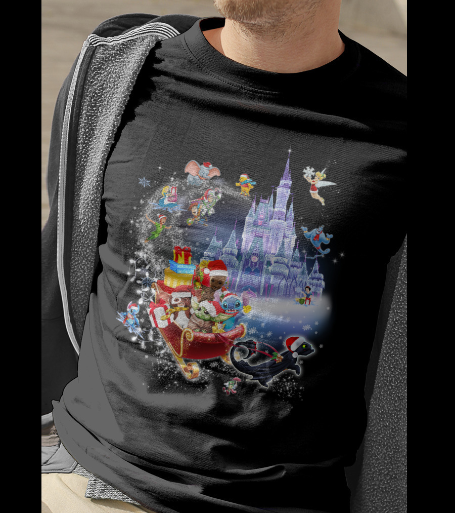 Baby Yoda Christmas Disney Castle Santa Sleigh Tinker Bell Stitch Dumbo Gifts T-Shirt