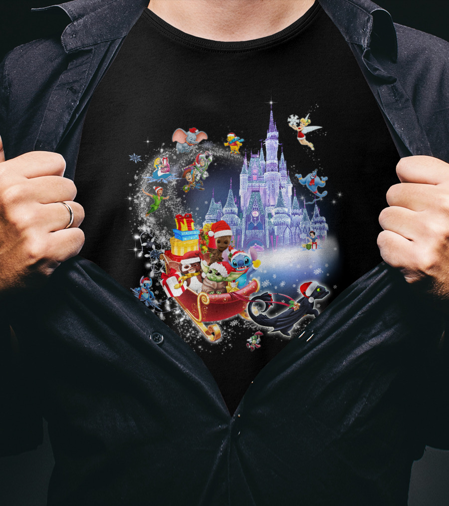 Baby Yoda Christmas Disney Castle Santa Sleigh Tinker Bell Stitch Dumbo Gifts T-Shirt