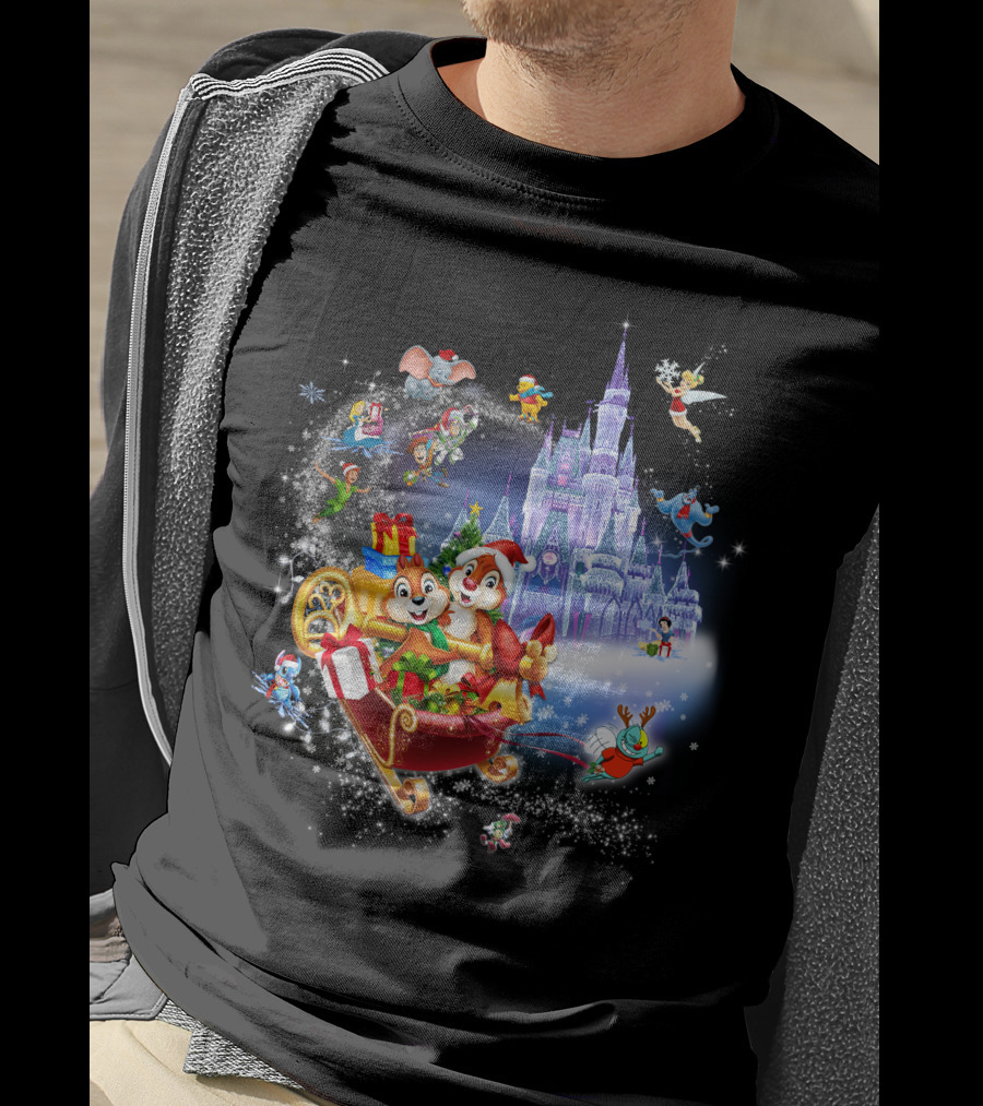 Chip And Dale Christmas Castle With Sleigh And Gifts T-Shirt
