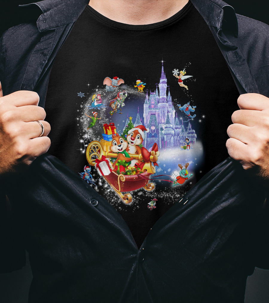 Chip And Dale Christmas Castle With Sleigh And Gifts T-Shirt