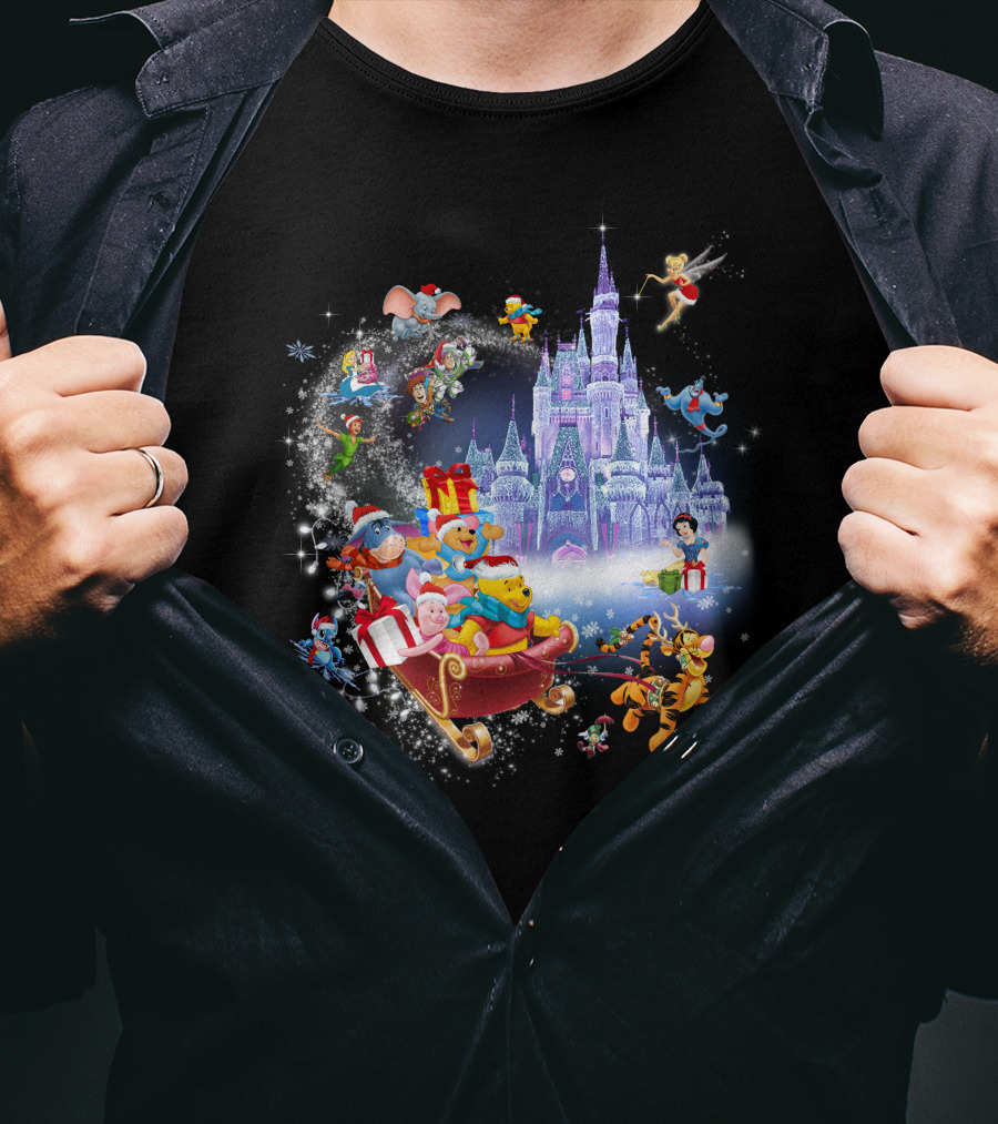Pooh Christmas Disney Winter Wonderland With Castle And Characters T-Shirt