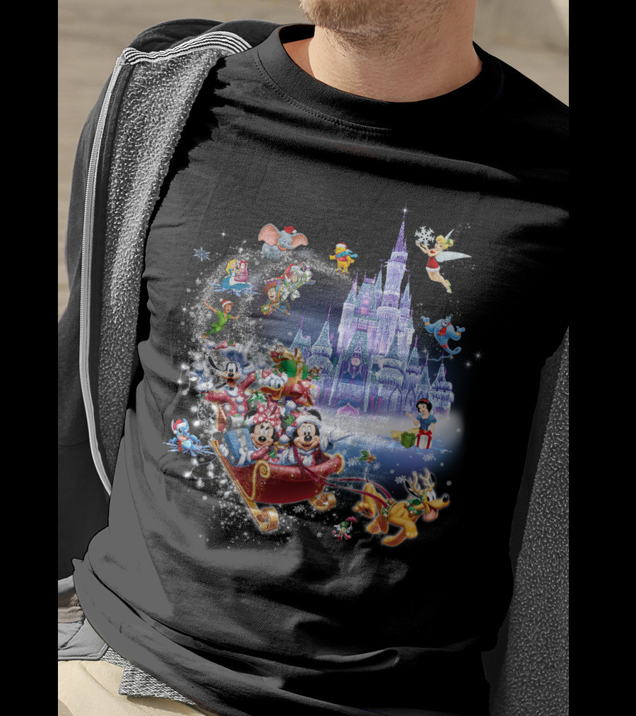 Mickey And Minnie Christmas With Castle, Disney Characters, And Winter Wonderland Holiday Scene T-Shirt