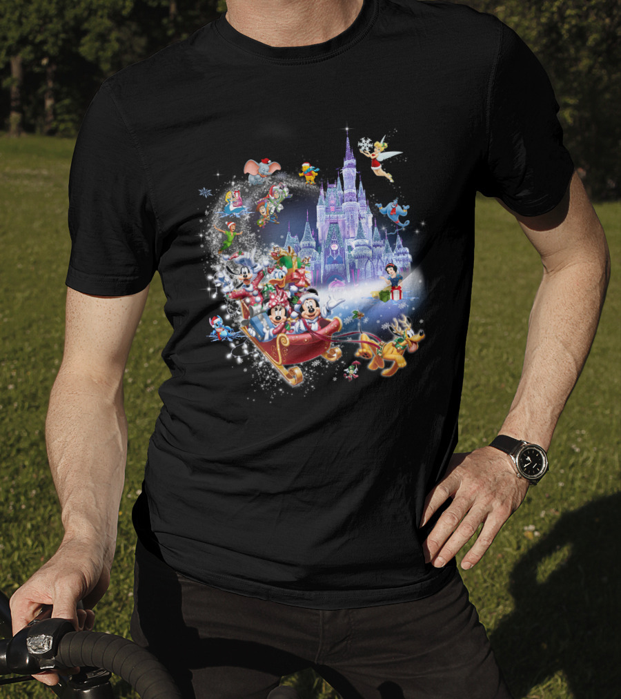 Mickey And Minnie Christmas With Castle, Disney Characters, And Winter Wonderland Holiday Scene T-Shirt