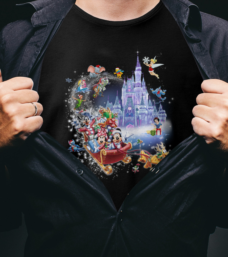 Mickey And Minnie Christmas With Castle, Disney Characters, And Winter Wonderland Holiday Scene T-Shirt