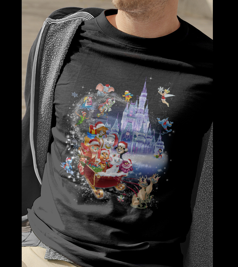 Disney Cats Christmas Castle Sleigh With Santa Hats And Tinker Bell T-Shirt