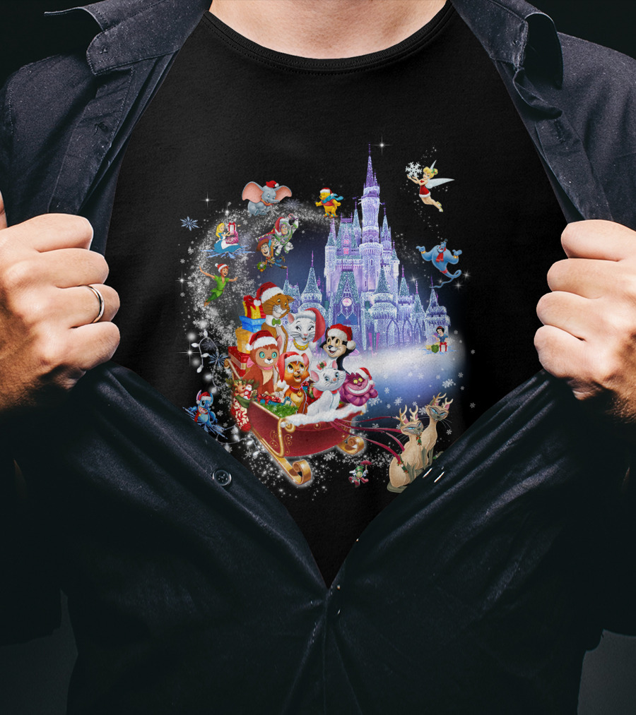 Disney Cats Christmas Castle Sleigh With Santa Hats And Tinker Bell T-Shirt