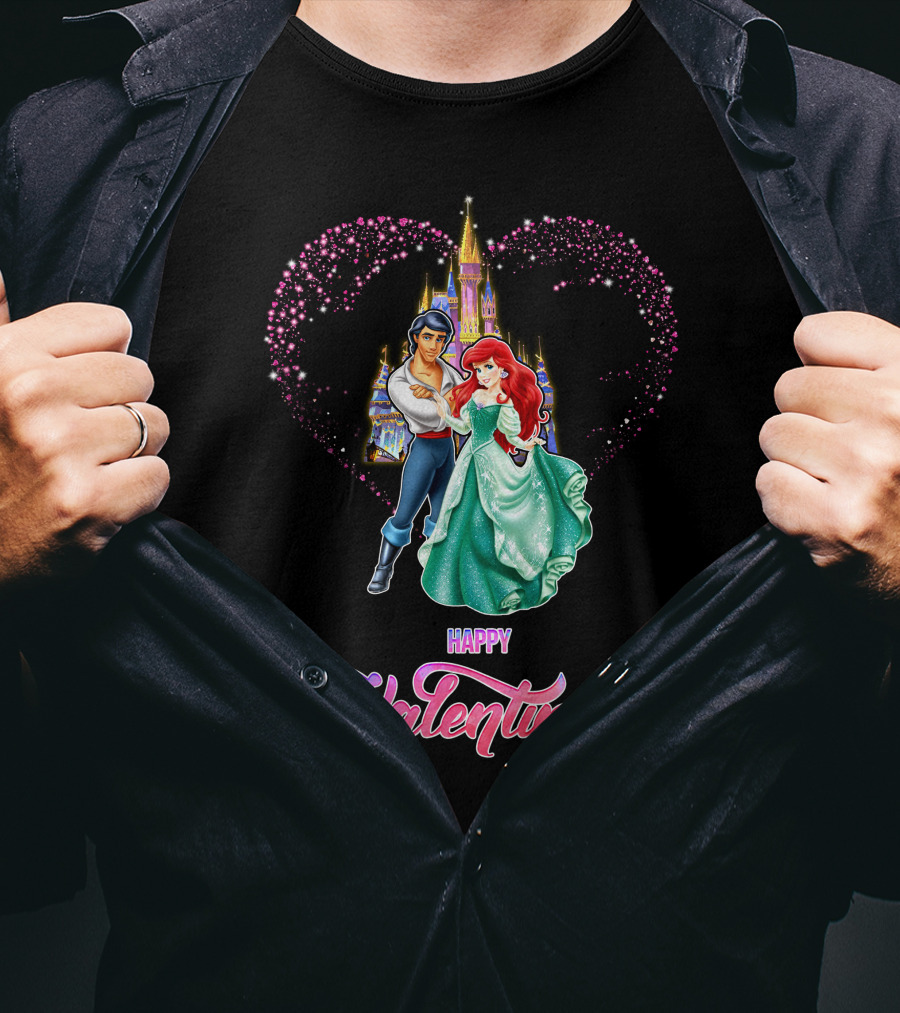 Happy Valentine Ariel Disney Princess Castle Hearts T-Shirt