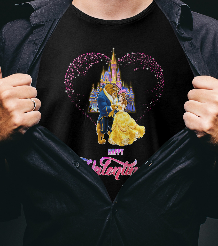 Happy Valentine Beauty And The Beast Castle Hearts T-Shirt