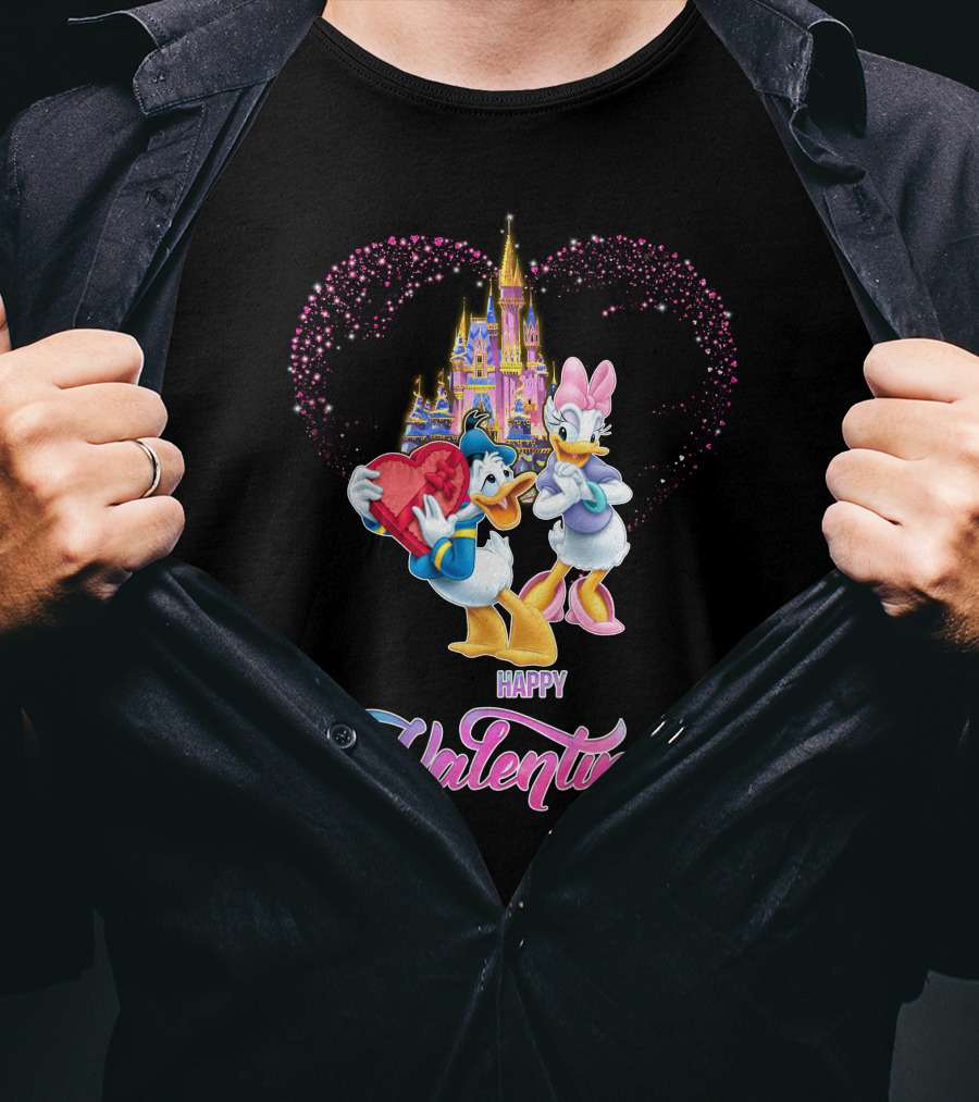 Happy Valentine Donald And Daisy With Castle Heart Background T-Shirt
