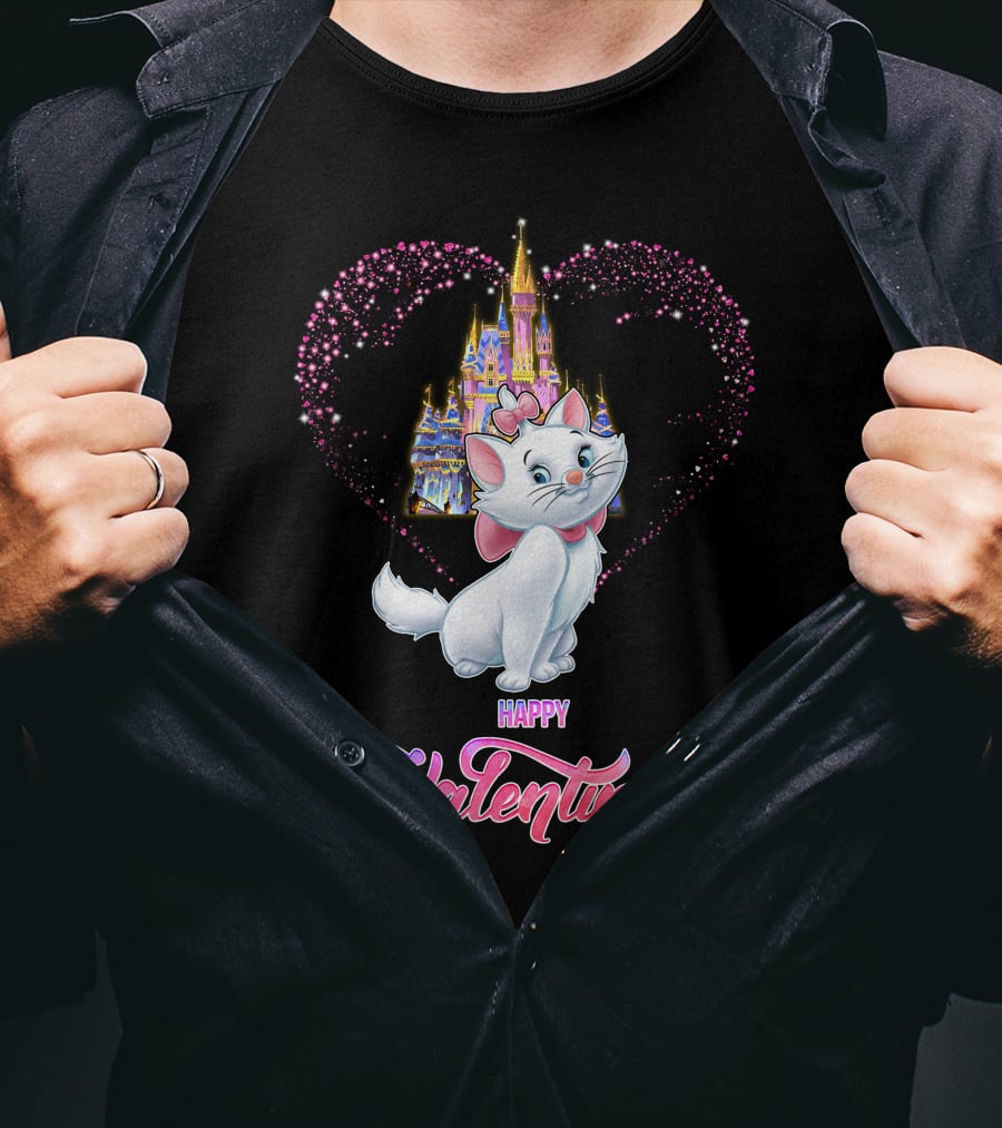 Happy Valentine Marie Cat With Castle Heart T-Shirt