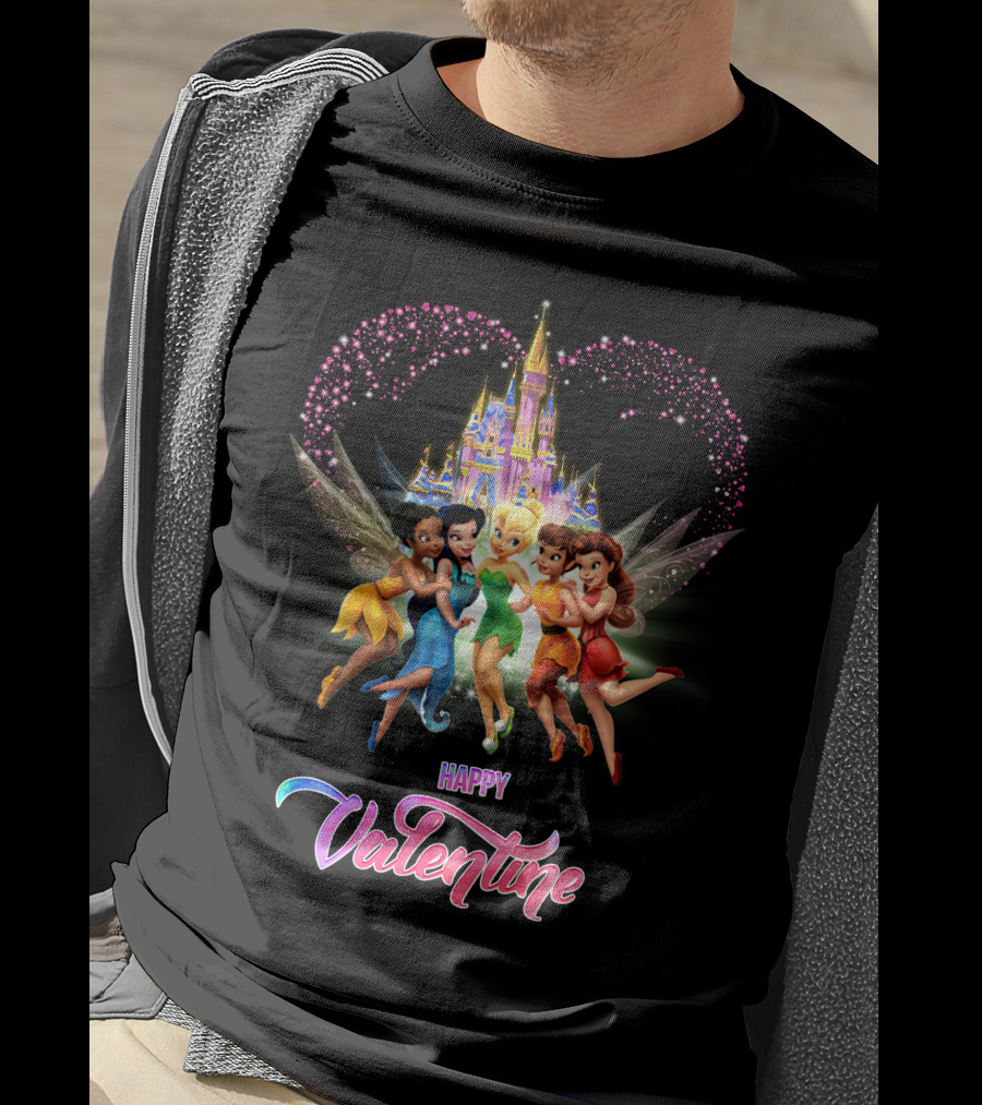 Happy Valentine Tinkerbell And Friends With Castle And Heart Magic T-Shirt