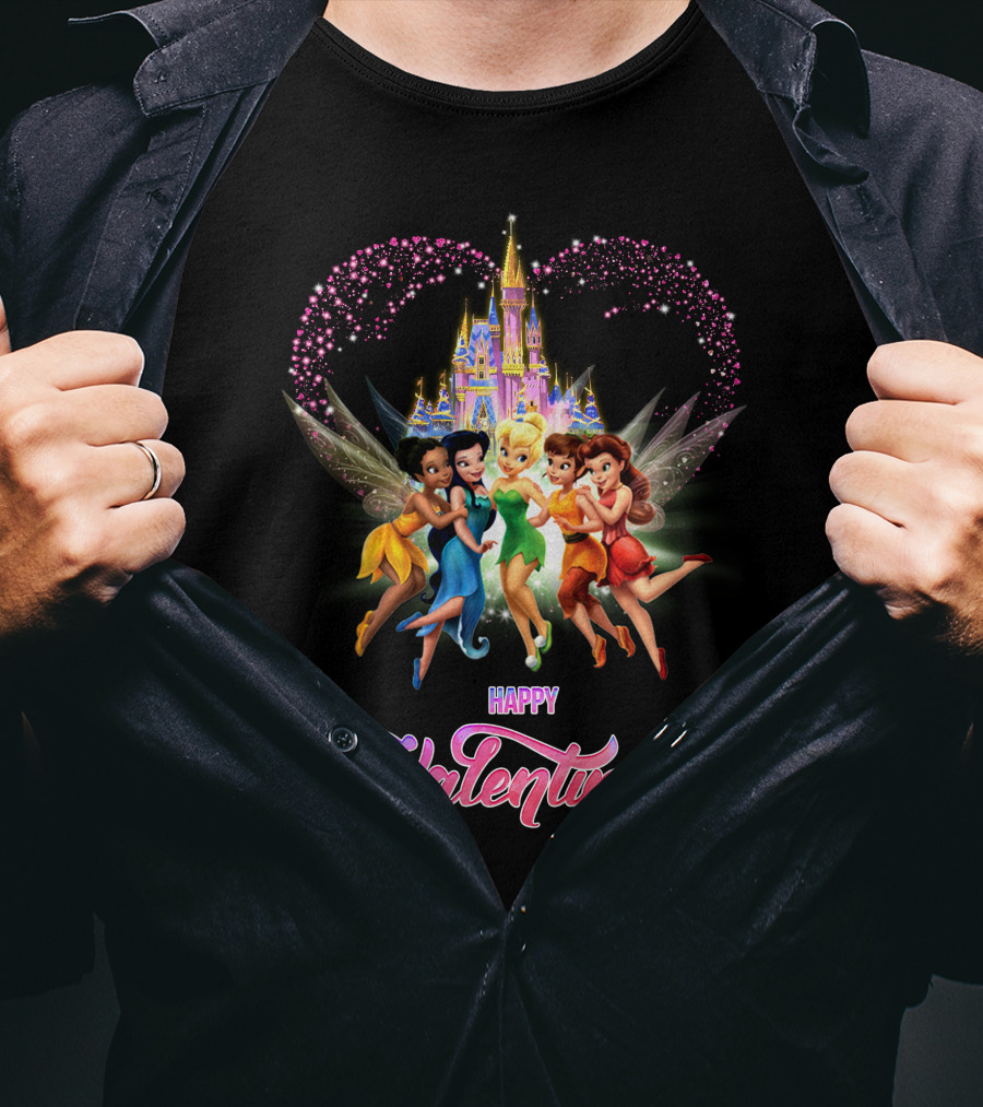 Happy Valentine Tinkerbell And Friends With Castle And Heart Magic T-Shirt