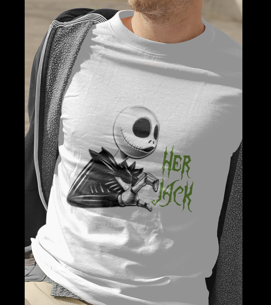 Her Jack Skeleton Character Sketch Black And White Green Lettering T-Shirt