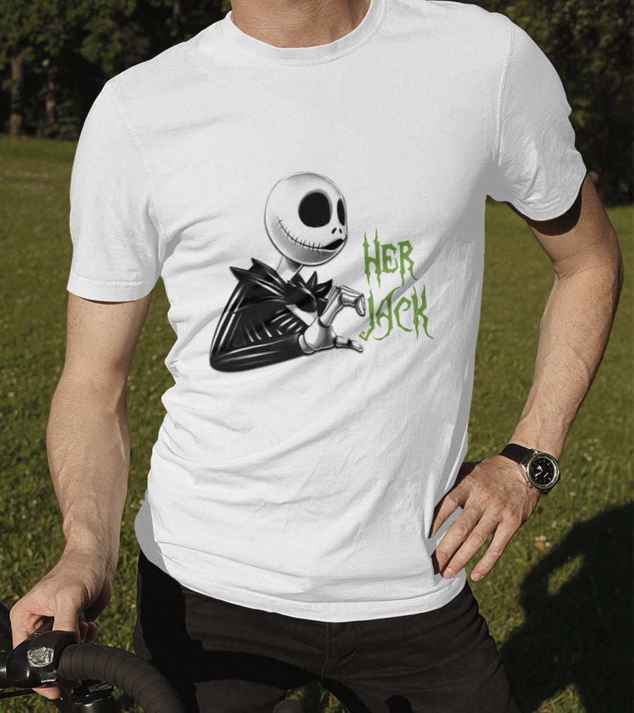 Her Jack Skeleton Character Sketch Black And White Green Lettering T-Shirt