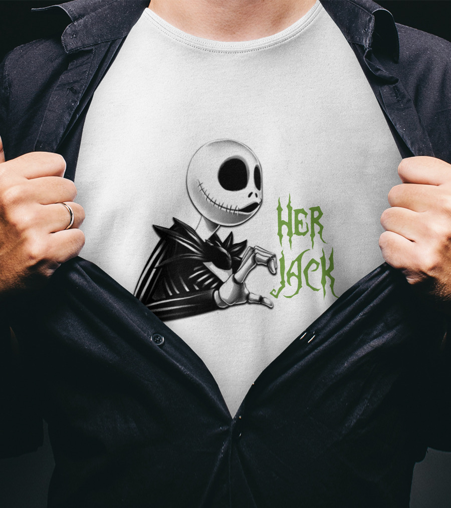Her Jack Skeleton Character Sketch Black And White Green Lettering T-Shirt