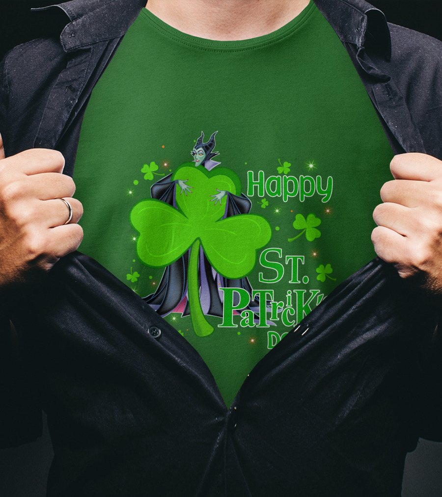 Maleficent Happy St Patrick's Day Shamrock Clover Sparkle T-Shirt