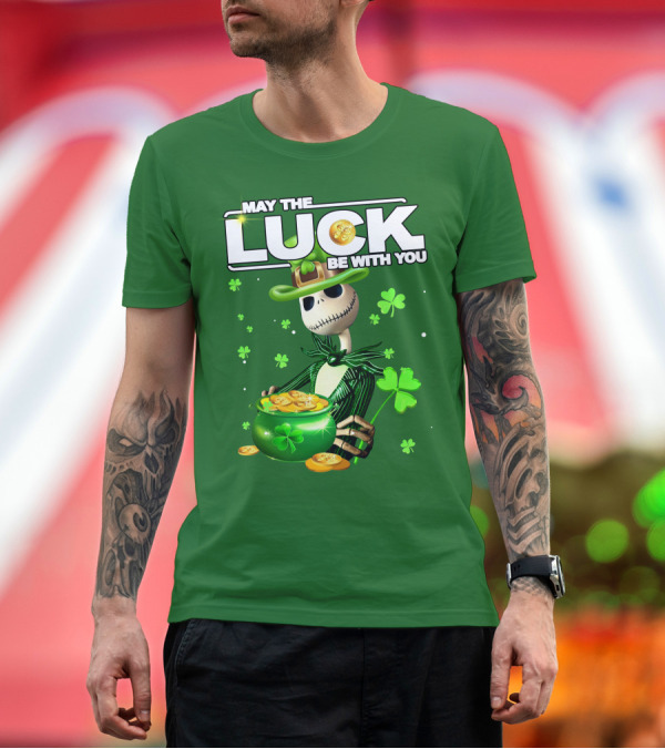 Premium T-Shirt: MAY THE LUCK BE WITH YOU St. Patrick's Day Jack Skellington Coin Pot T-Shirt MAY THE LUCK BE WITH YOU St. Patrick's Day Jack Skellington Coin Pot T-Shirt