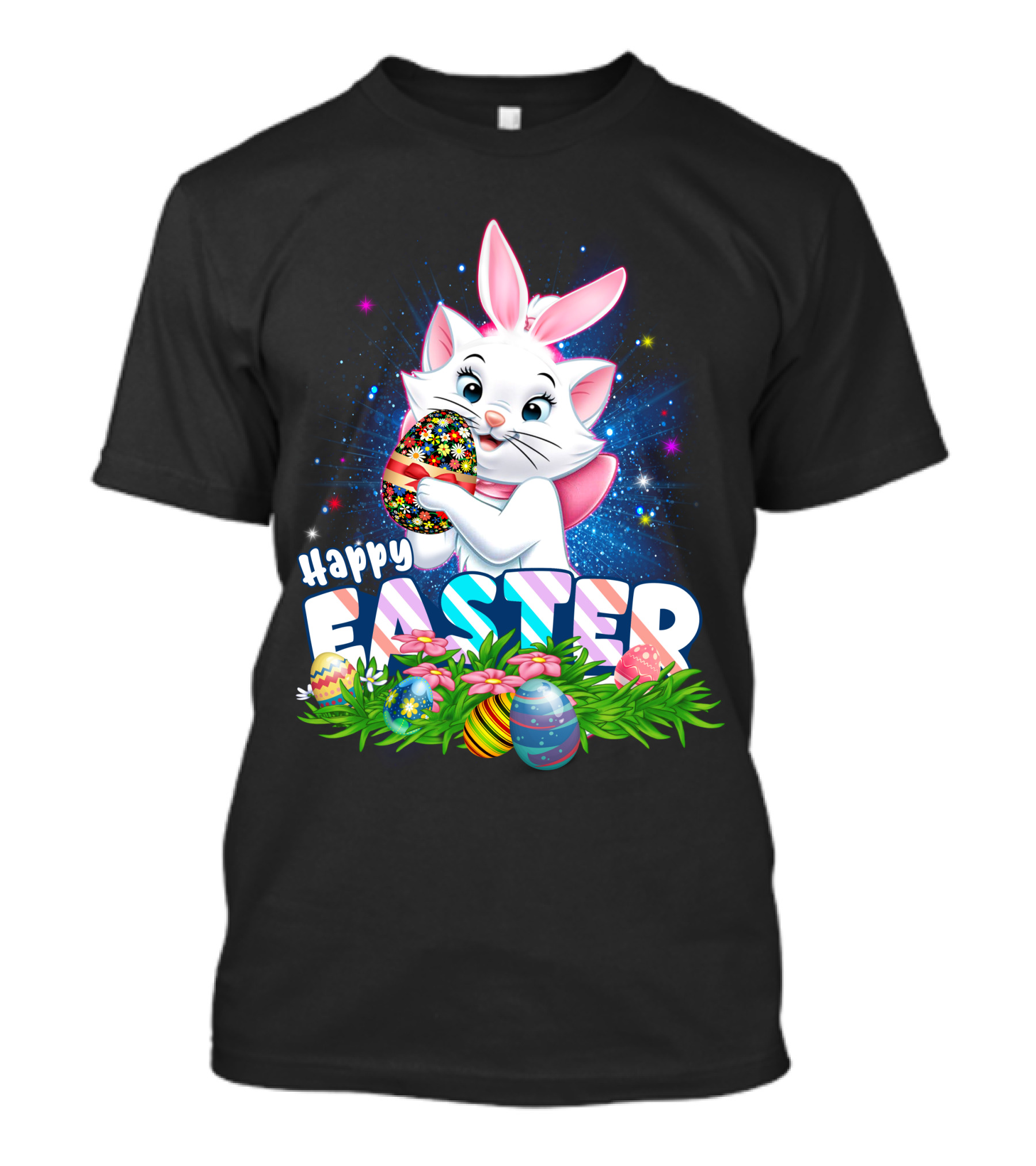 Happy Easter Marie Cat With Colorful Easter Eggs And Flowers T-Shirt
