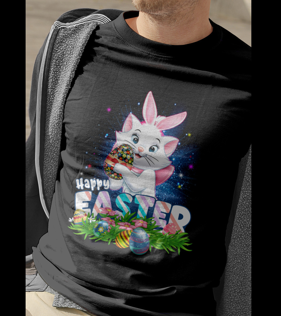 Happy Easter Marie Cat With Colorful Easter Eggs And Flowers T-Shirt