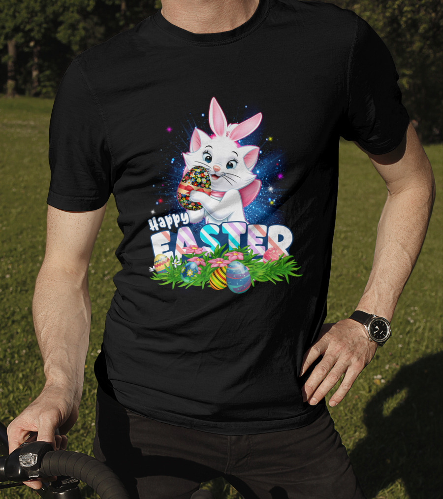 Happy Easter Marie Cat With Colorful Easter Eggs And Flowers T-Shirt
