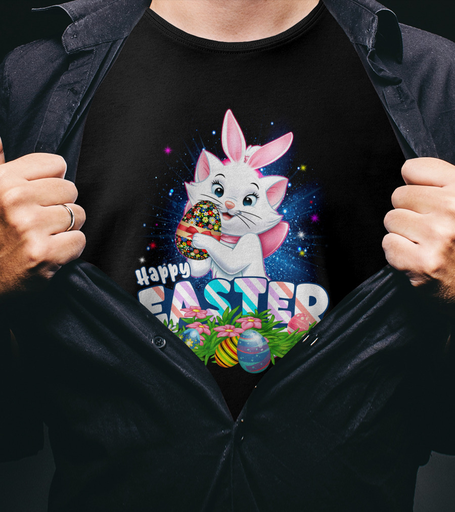 Happy Easter Marie Cat With Colorful Easter Eggs And Flowers T-Shirt