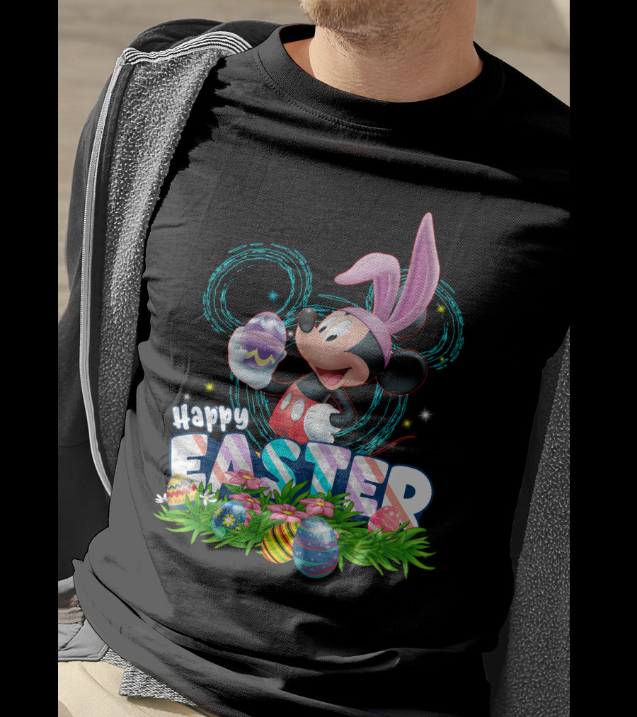 MK Happy Easter Mickey Mouse Bunny Ears Holding Colorful Easter Eggs In Grass T-Shirt
