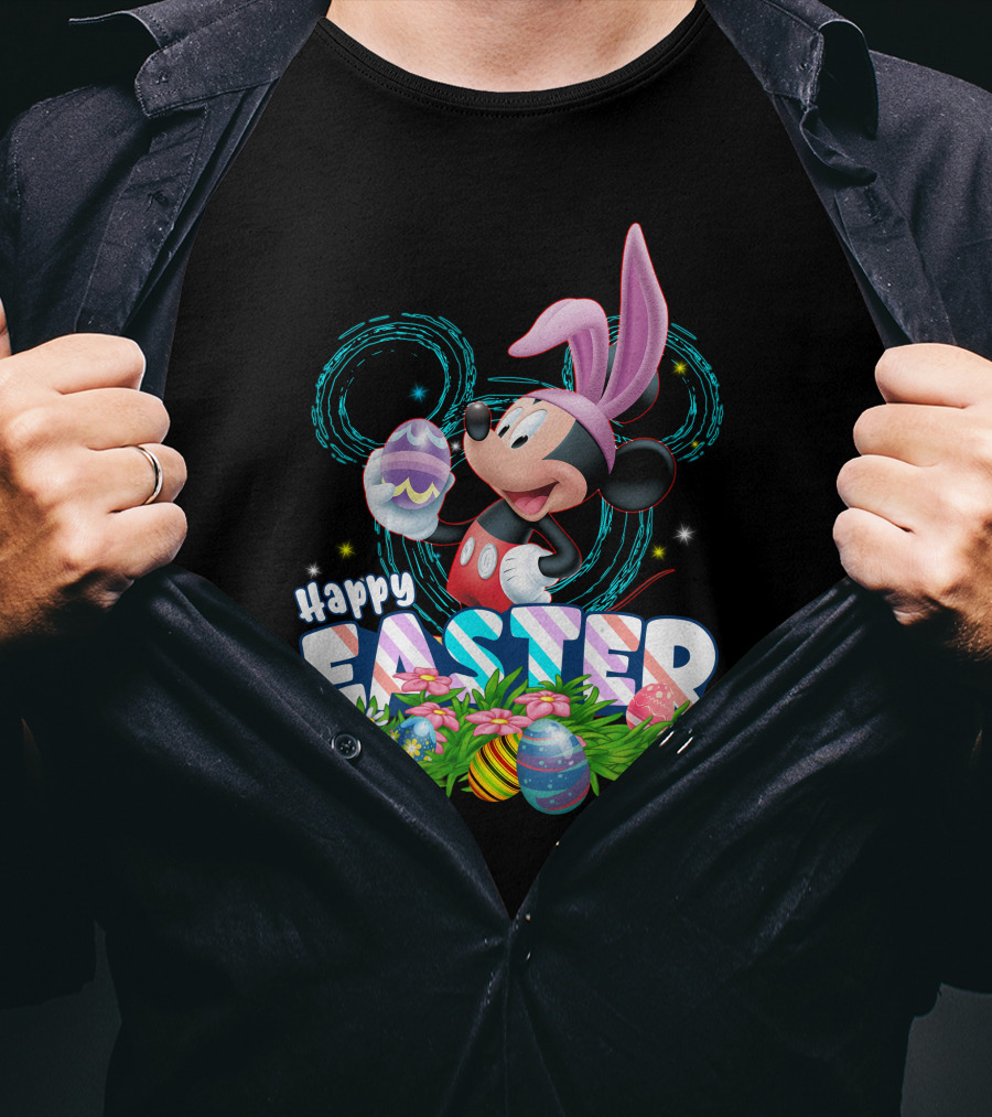 MK Happy Easter Mickey Mouse Bunny Ears Holding Colorful Easter Eggs In Grass T-Shirt