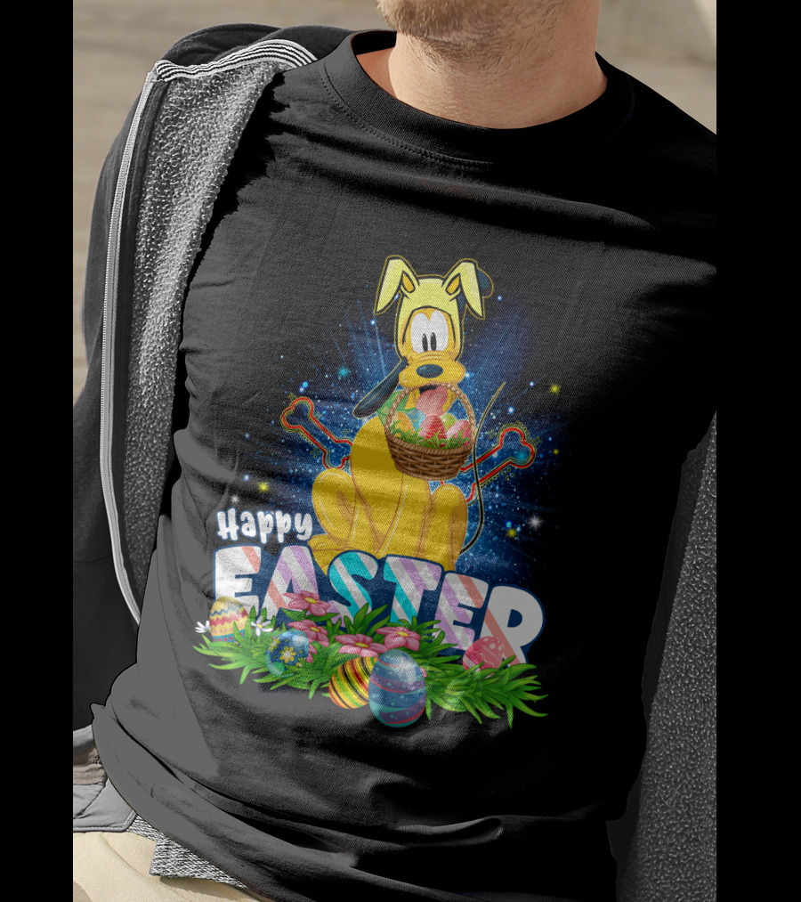 Pluto Happy Easter Basket With Eggs And Flowers T-Shirt