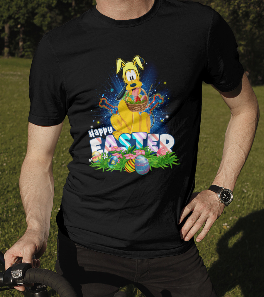Pluto Happy Easter Basket With Eggs And Flowers T-Shirt