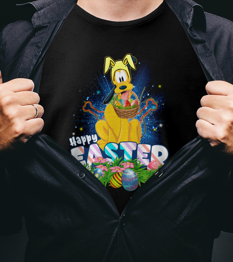 Pluto Happy Easter Basket With Eggs And Flowers T-Shirt