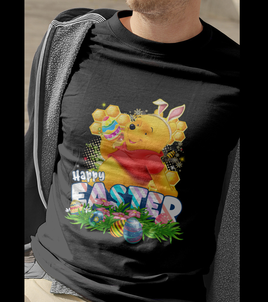 Pooh Happy Easter With Eggs And Honeycomb Background T-Shirt