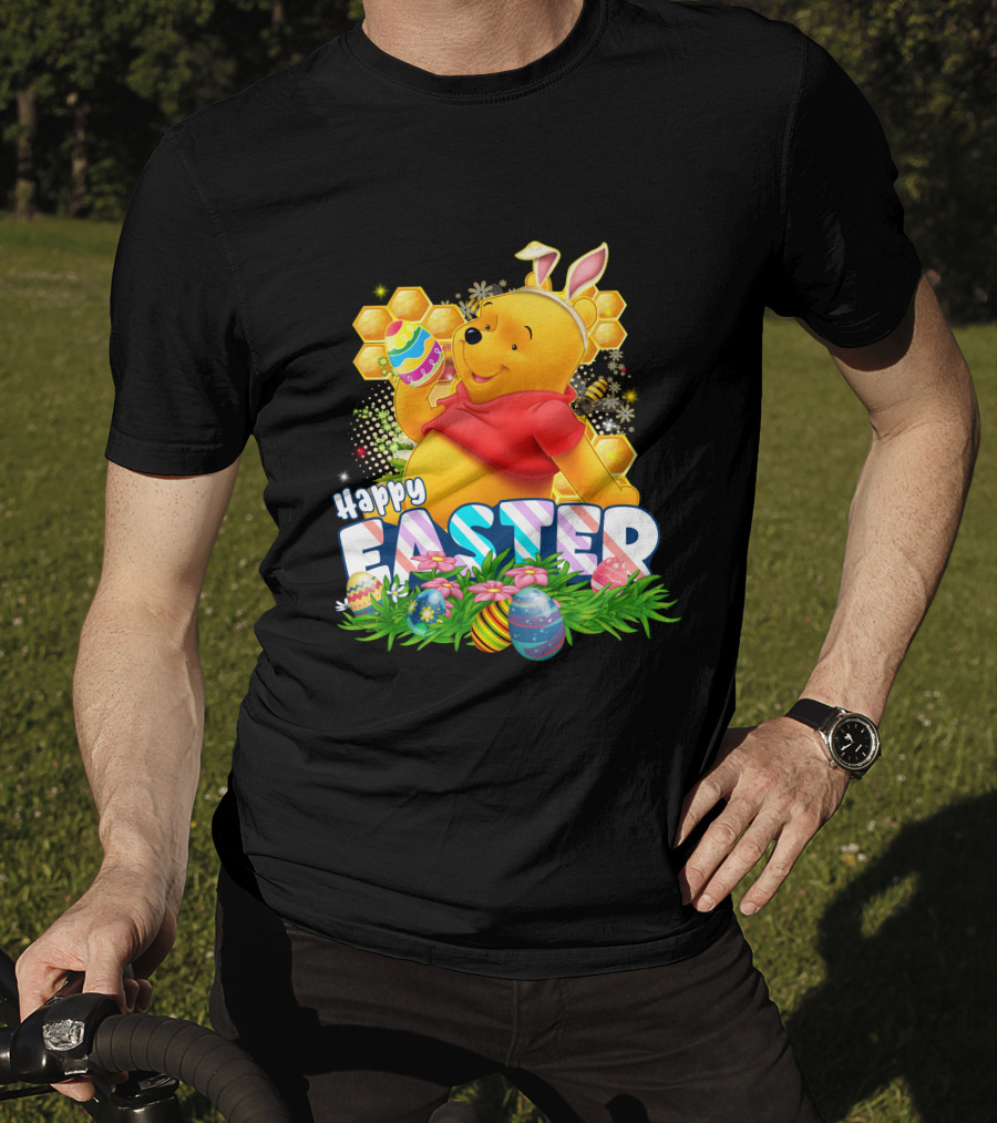 Pooh Happy Easter With Eggs And Honeycomb Background T-Shirt