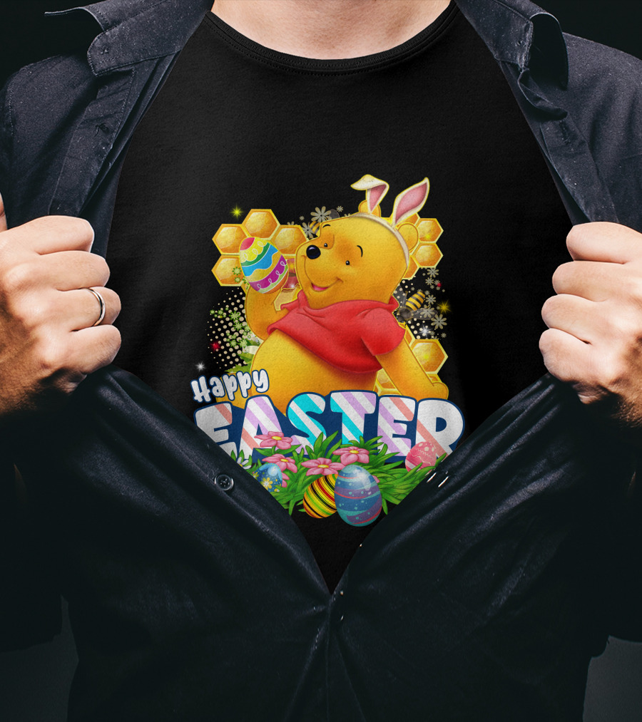 Pooh Happy Easter With Eggs And Honeycomb Background T-Shirt