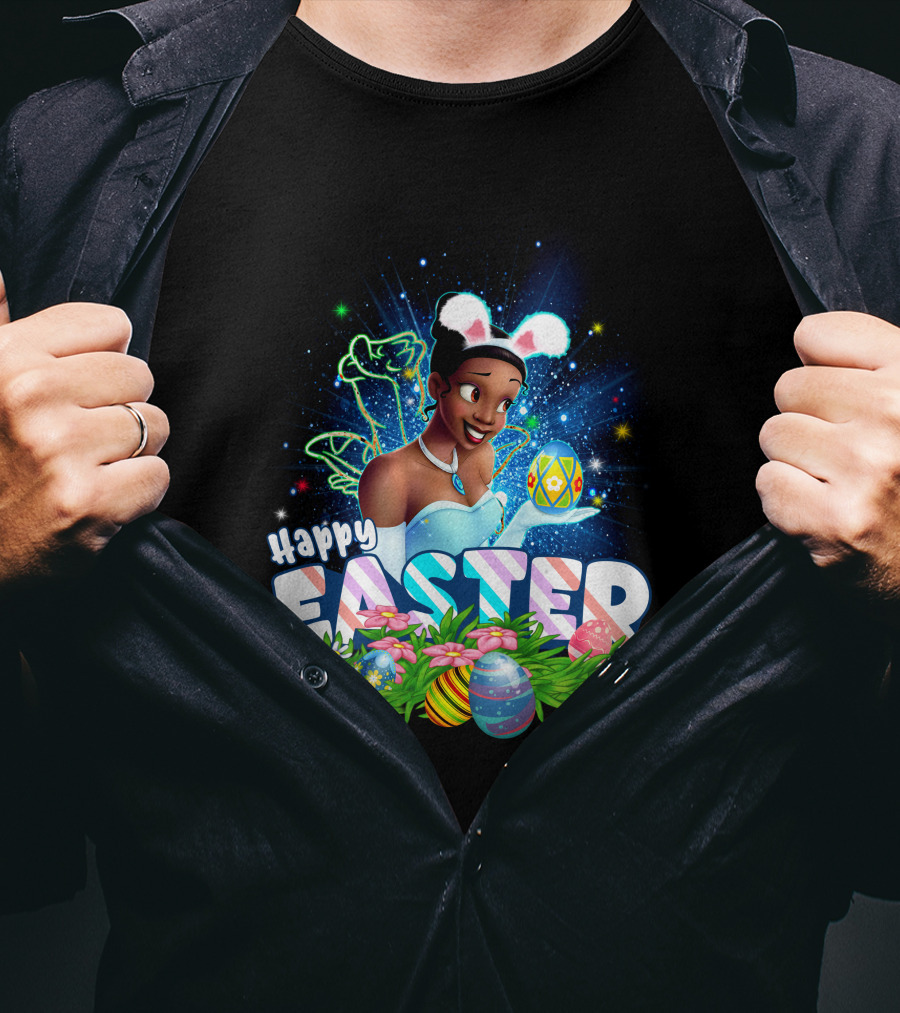 Tiana Happy Easter Bunny Ears Sparkling Eggs And Flowers T-Shirt